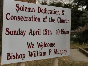 Dedication sign welcoming Bishop Murphy